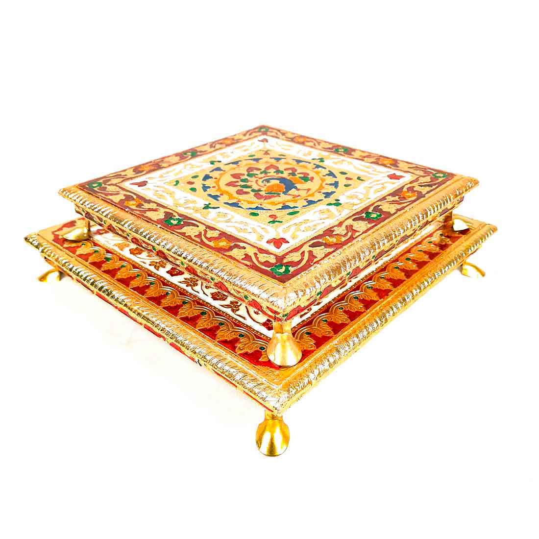 Wooden Pooja Bajot - Minakari Chauki Set - For Pooja, Weddings & Festivals -Set of 2 (10 Inch & 12 Inch) - ApkaMart #Style_Design 1