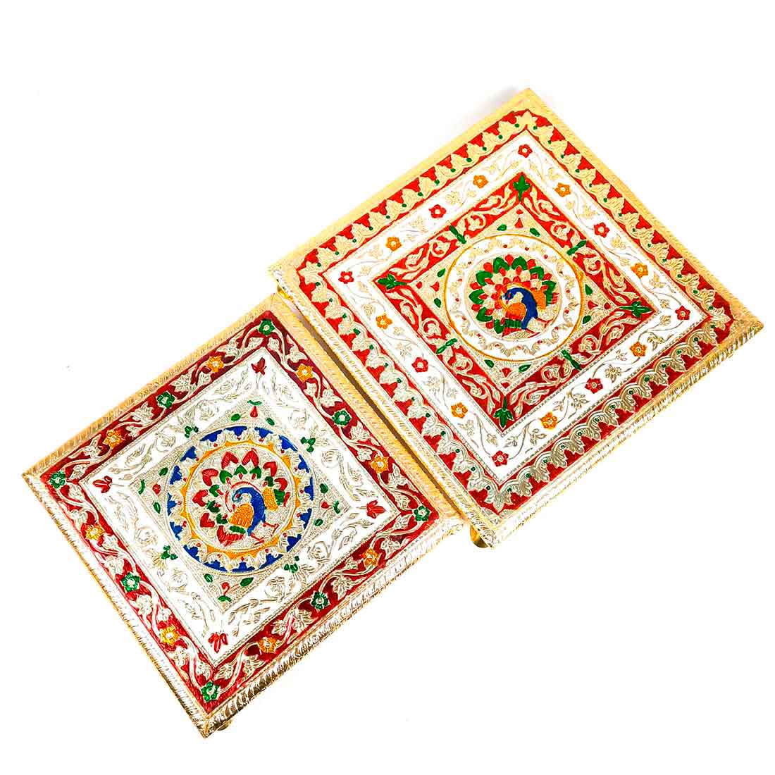 Wooden Pooja Bajot - Minakari Chauki Set - For Pooja, Weddings & Festivals -Set of 2 (10 Inch & 12 Inch) - ApkaMart #Style_Design 1