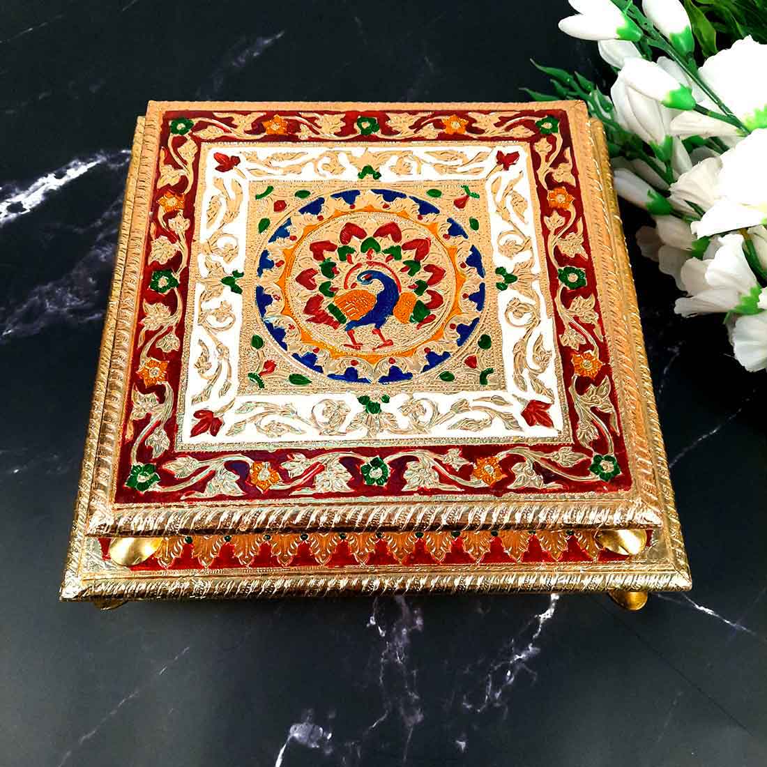 Wooden Pooja Bajot - Minakari Chauki Set - For Pooja, Weddings & Festivals -Set of 2 (10 Inch & 12 Inch) - ApkaMart #Style_Design 1