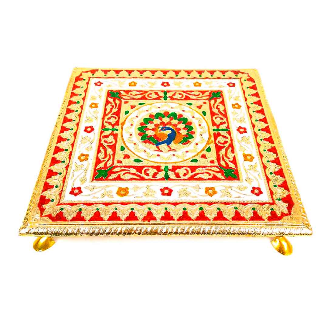 Minakari Chowki Bajot - Peacock Design - For Pooja & Mandir Decoration - 12 Inch - ApkaMart #Style_Design 1