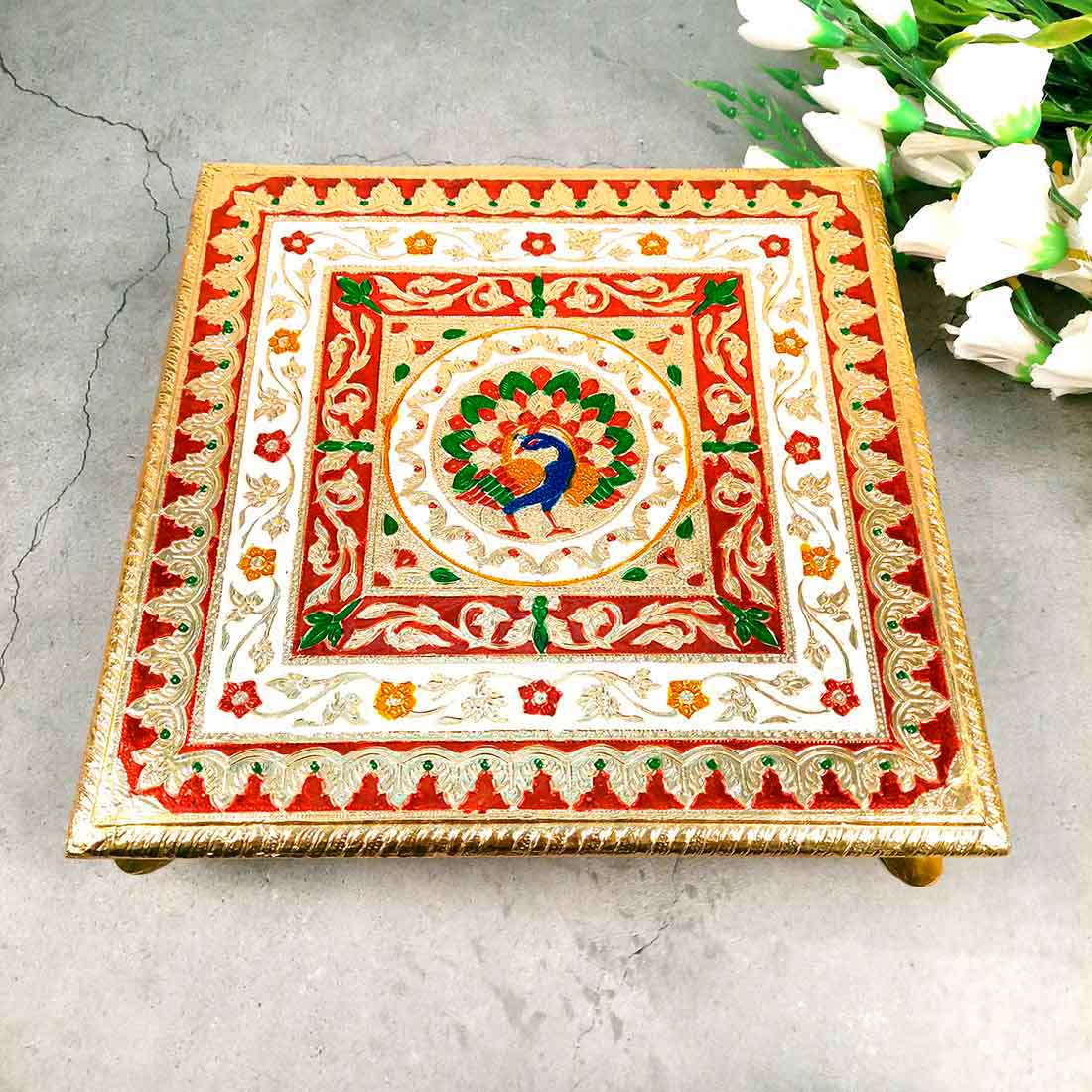 Minakari Chowki Bajot - Peacock Design - For Pooja & Mandir Decoration - 12 Inch - ApkaMart #Style_Design 1