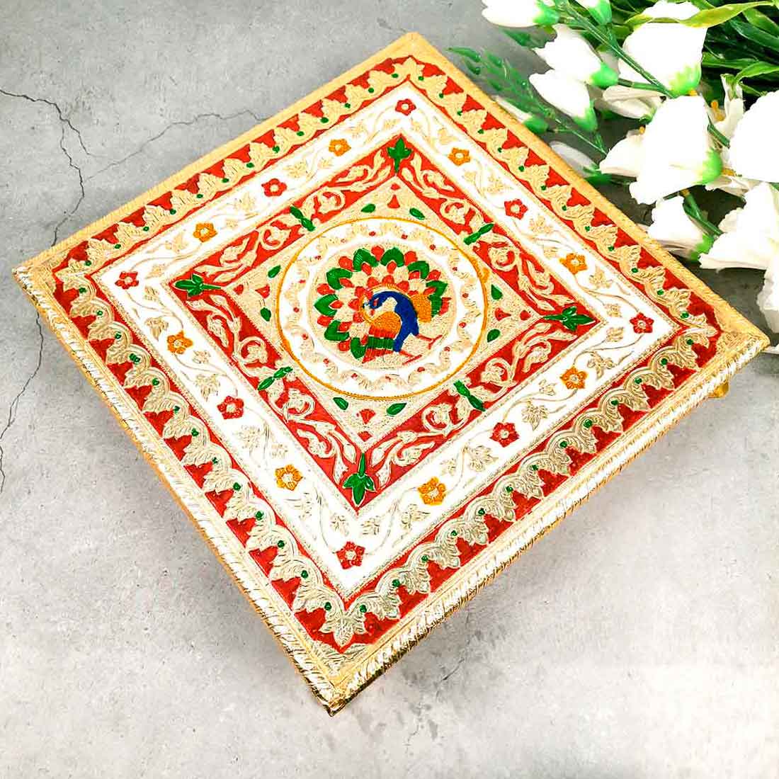 Minakari Chowki Bajot - Peacock Design - For Pooja & Mandir Decoration - 12 Inch - ApkaMart #Style_Design 1