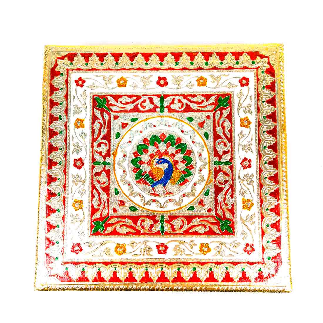 Minakari Chowki Bajot - Peacock Design - For Pooja & Mandir Decoration - 12 Inch - ApkaMart #Style_Design 1