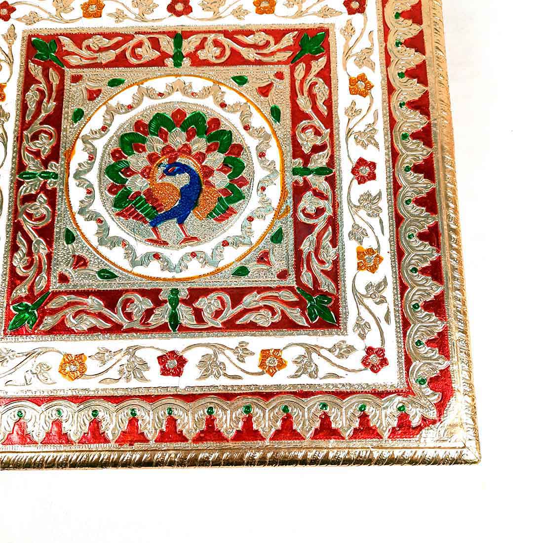Minakari Chowki Bajot - Peacock Design - For Pooja & Mandir Decoration - 12 Inch - ApkaMart #Style_Design 1