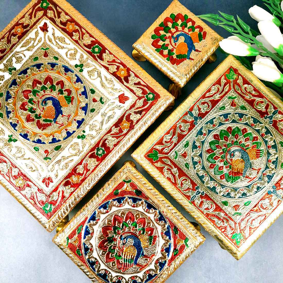Pooja Chowki - For Sitting, Puja & Home Decor - Pack of 4 - ApkaMart #Style_Design 1