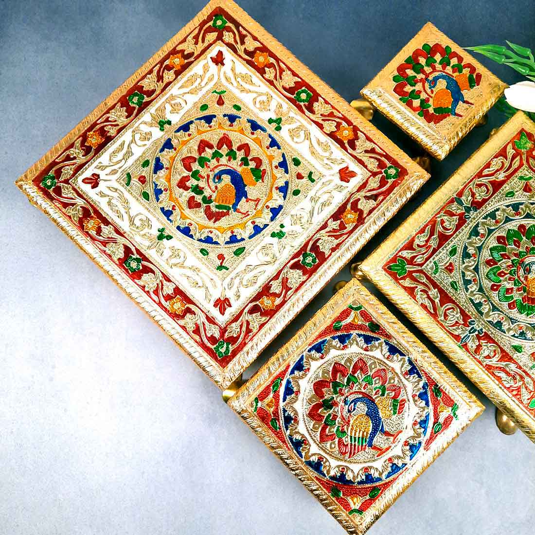 Pooja Chowki - For Sitting, Puja & Home Decor - Pack of 4 - ApkaMart #Style_Design 1