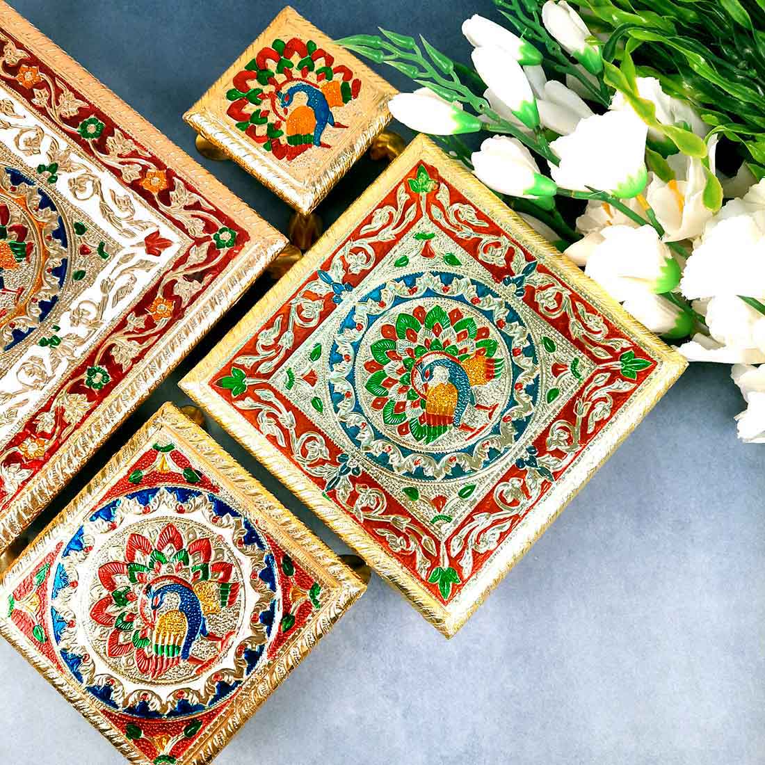 Pooja Chowki - For Sitting, Puja & Home Decor - Pack of 4 - ApkaMart #Style_Design 1