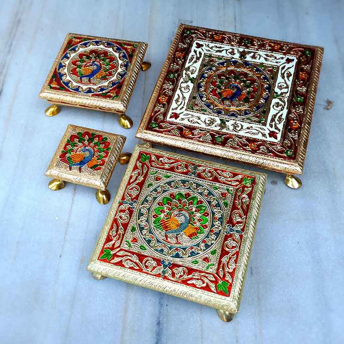 Pooja Chowki - For Sitting, Puja & Home Decor - Pack of 4 - ApkaMart #Style_Design 1