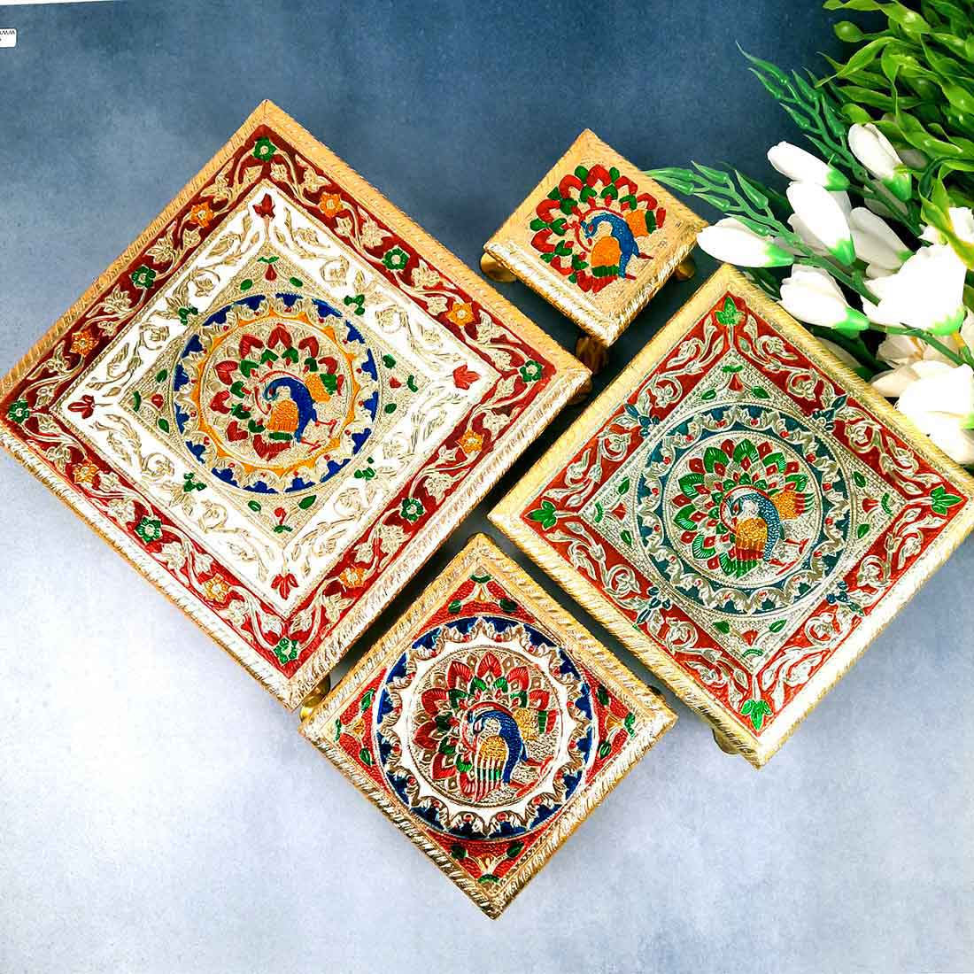 Pooja Chowki - For Sitting, Puja & Home Decor - Pack of 4 - ApkaMart #Style_Design 1