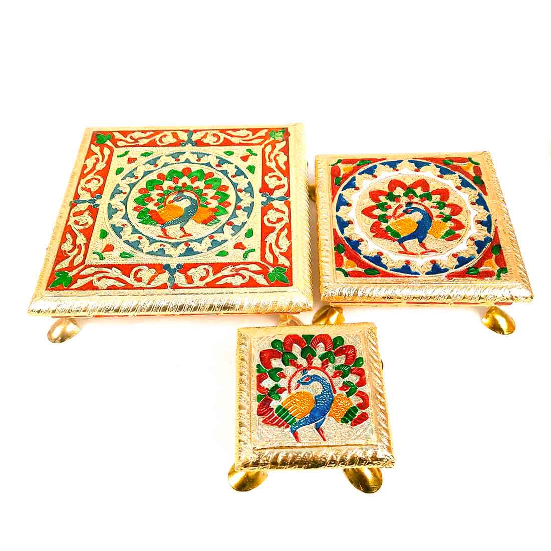 Pooja Chowki Bajot - Peacock Design - For For Pooja, Weddings & Festivals - Set of 3 - ApkaMart #Style_Design 1