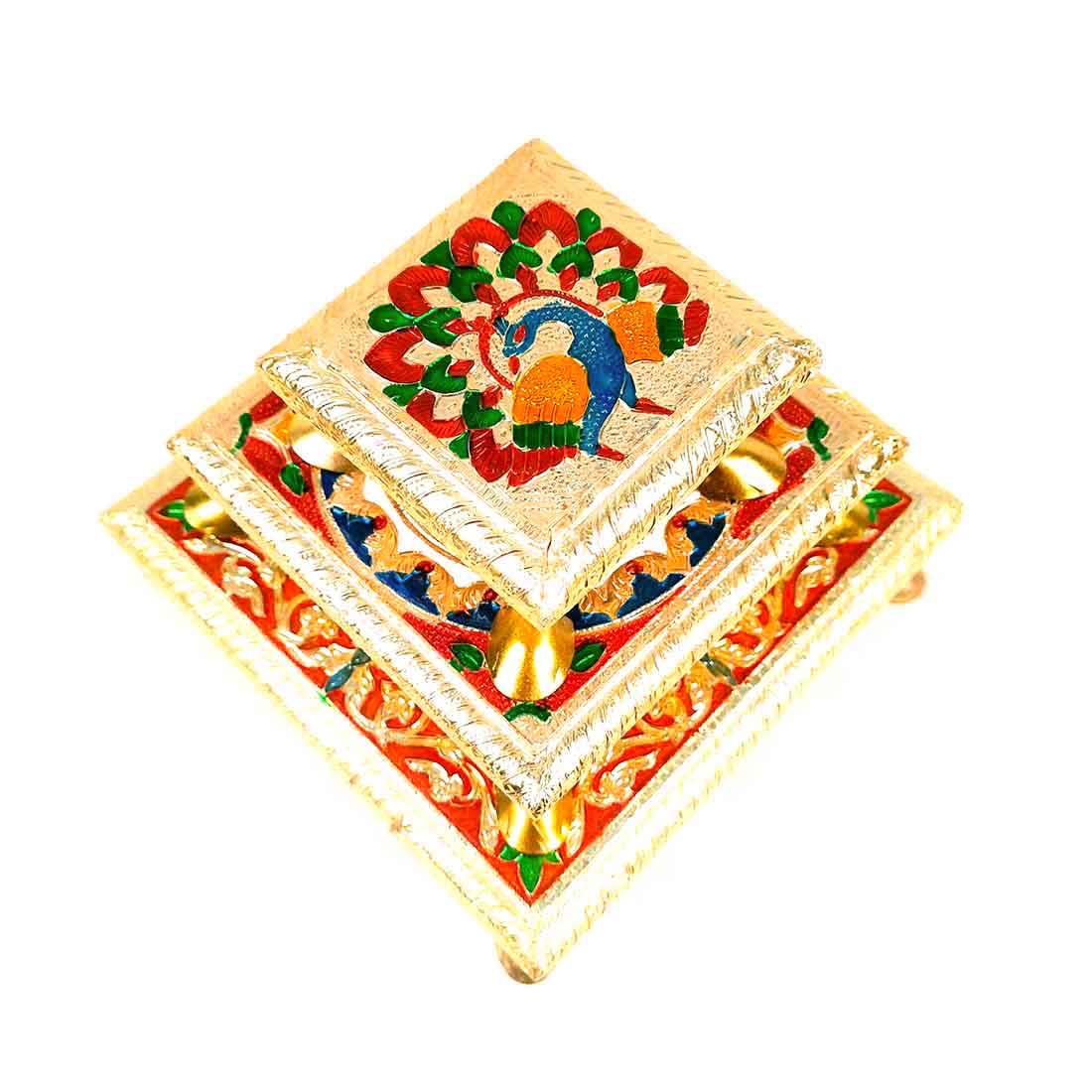 Pooja Chowki Bajot - Peacock Design - For For Pooja, Weddings & Festivals - Set of 3 - ApkaMart #Style_Design 1