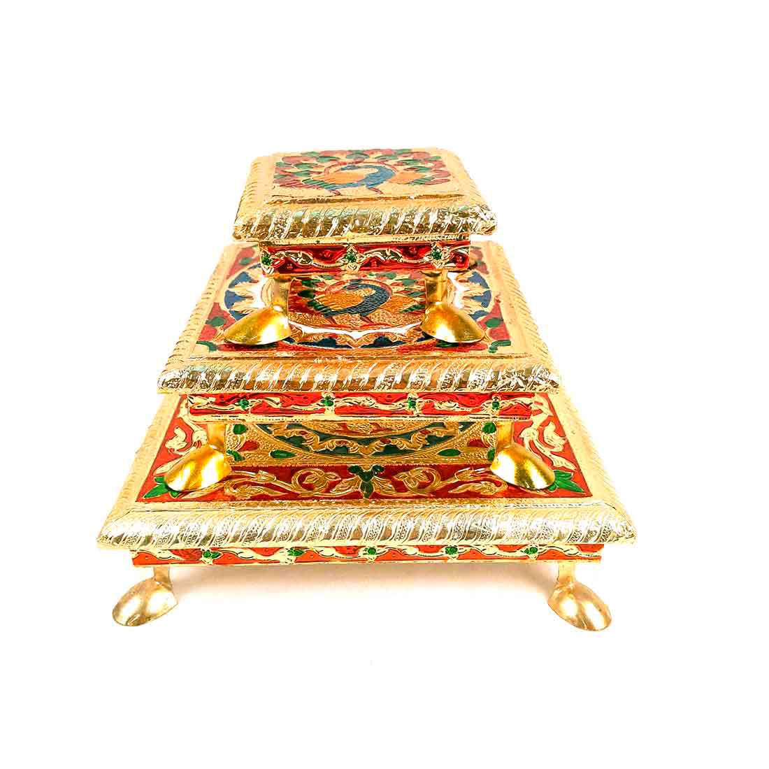 Pooja Chowki Bajot - Peacock Design - For For Pooja, Weddings & Festivals - Set of 3 - ApkaMart #Style_Design 1