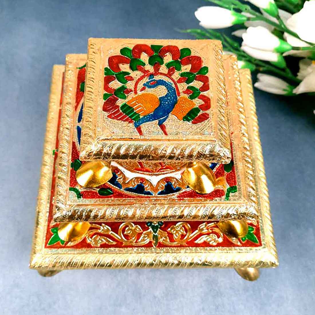 Pooja Chowki Bajot - Peacock Design - For For Pooja, Weddings & Festivals - Set of 3 - ApkaMart #Style_Design 1