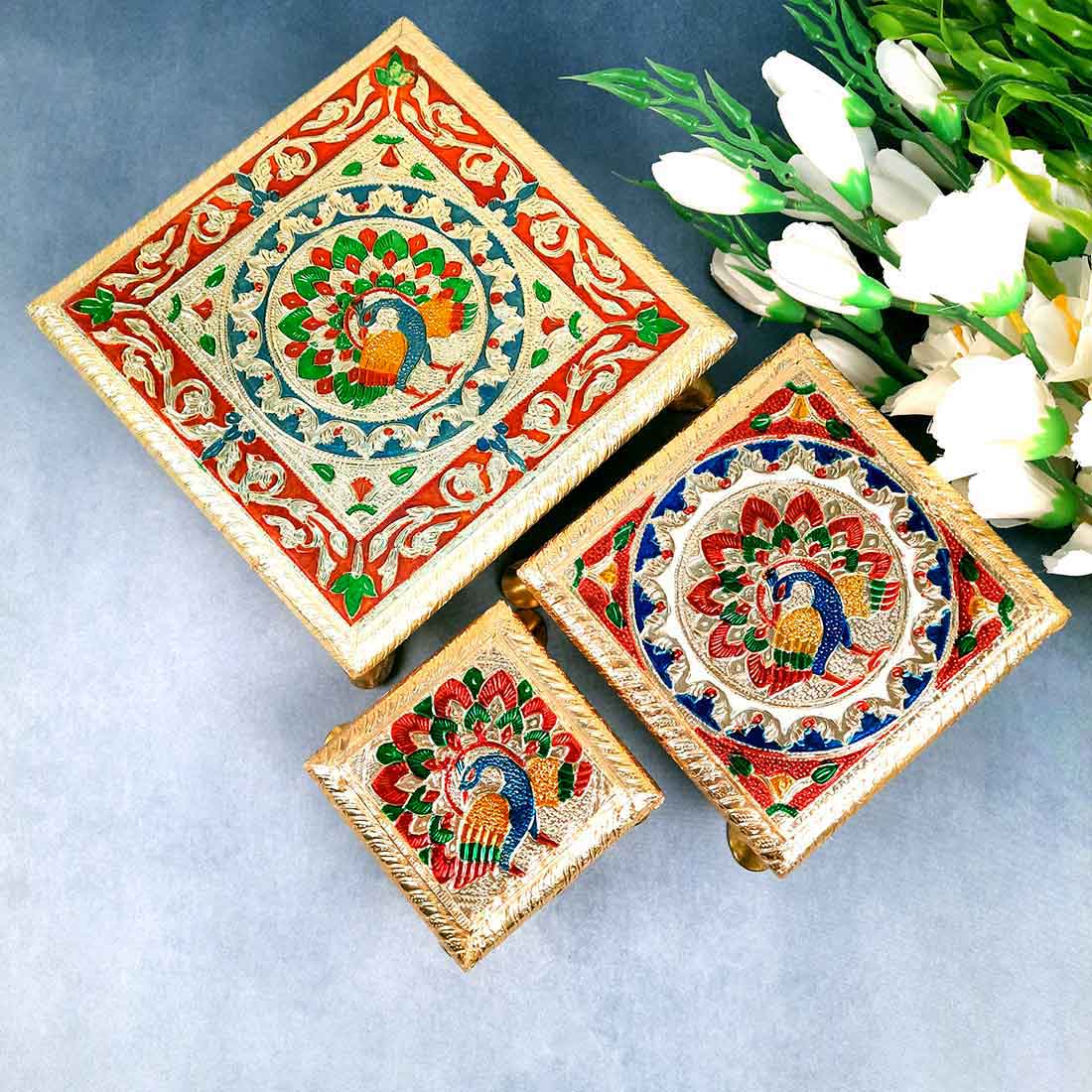 Pooja Chowki Bajot - Peacock Design - For For Pooja, Weddings & Festivals - Set of 3 - ApkaMart #Style_Design 1