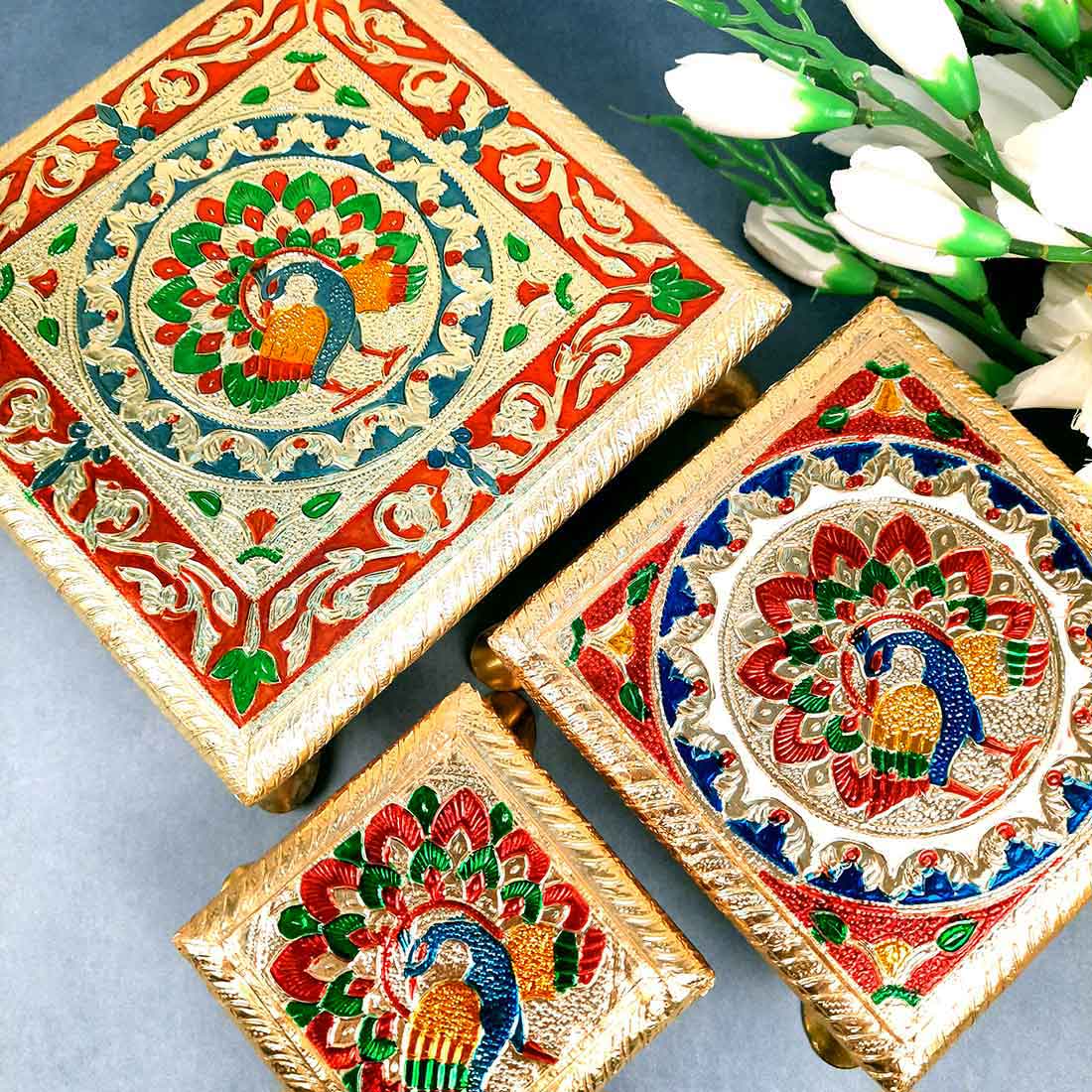 Pooja Chowki Bajot - Peacock Design - For For Pooja, Weddings & Festivals - Set of 3 - ApkaMart #Style_Design 1