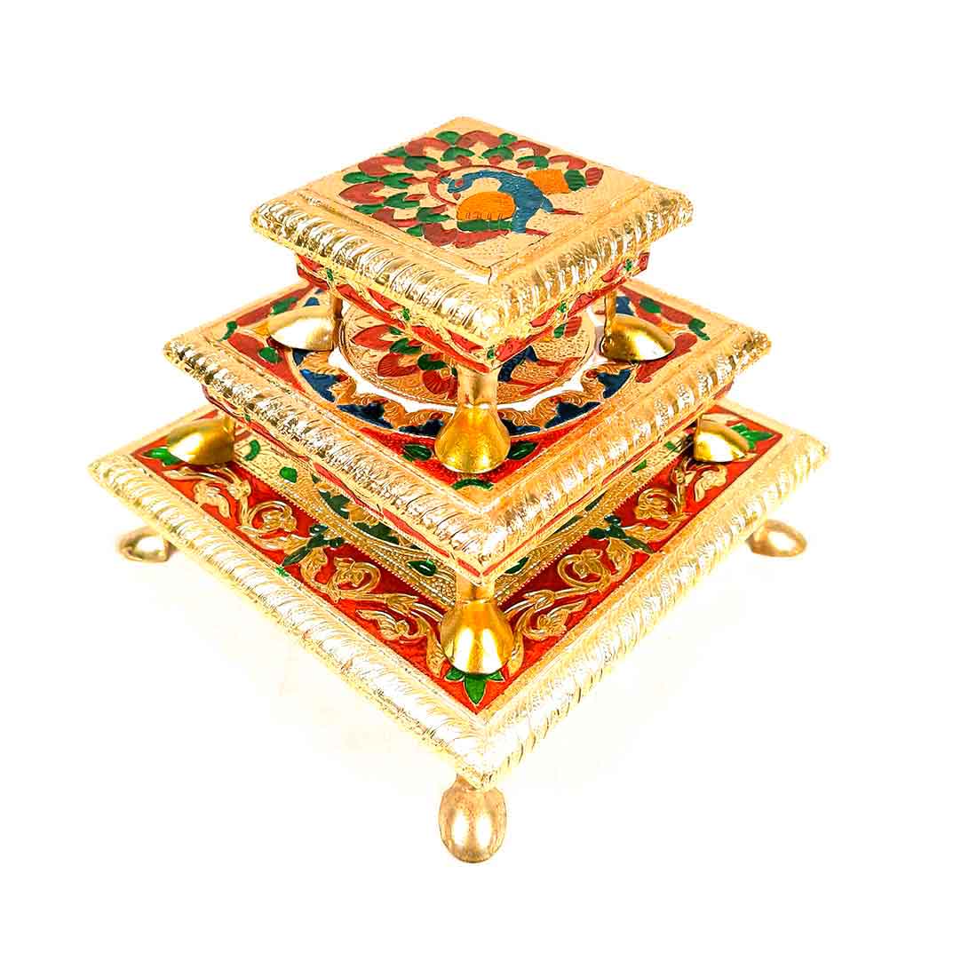 Pooja Chowki Bajot - Peacock Design - For For Pooja, Weddings & Festivals - Set of 3 - ApkaMart #Style_Design 1