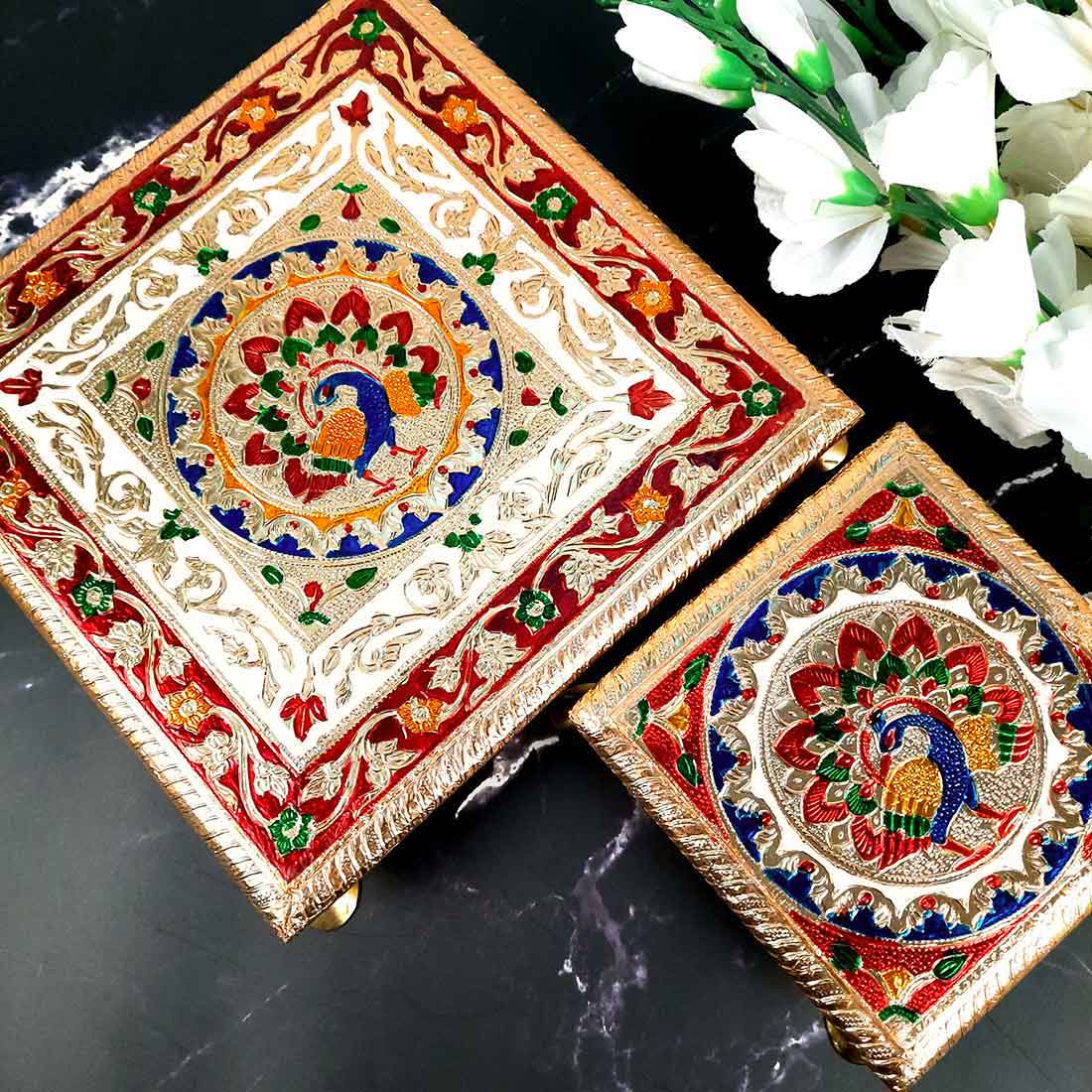 Minakari Puja Chowki | Pooja Bajot - Set of 2 (6 Inch & 10 Inch) - ApkaMart