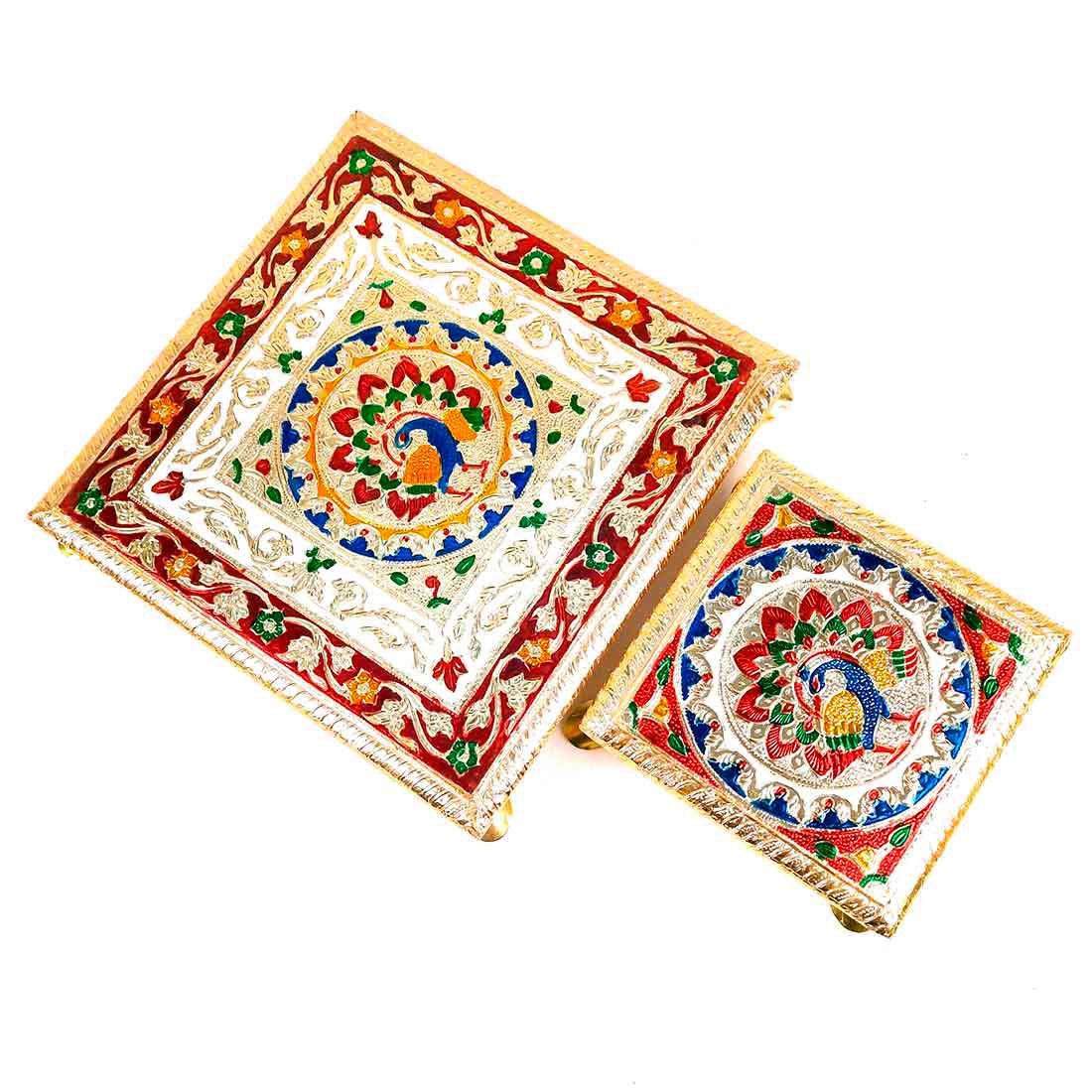 Minakari Puja Chowki | Pooja Bajot - Set of 2 (6 Inch & 10 Inch) - ApkaMart