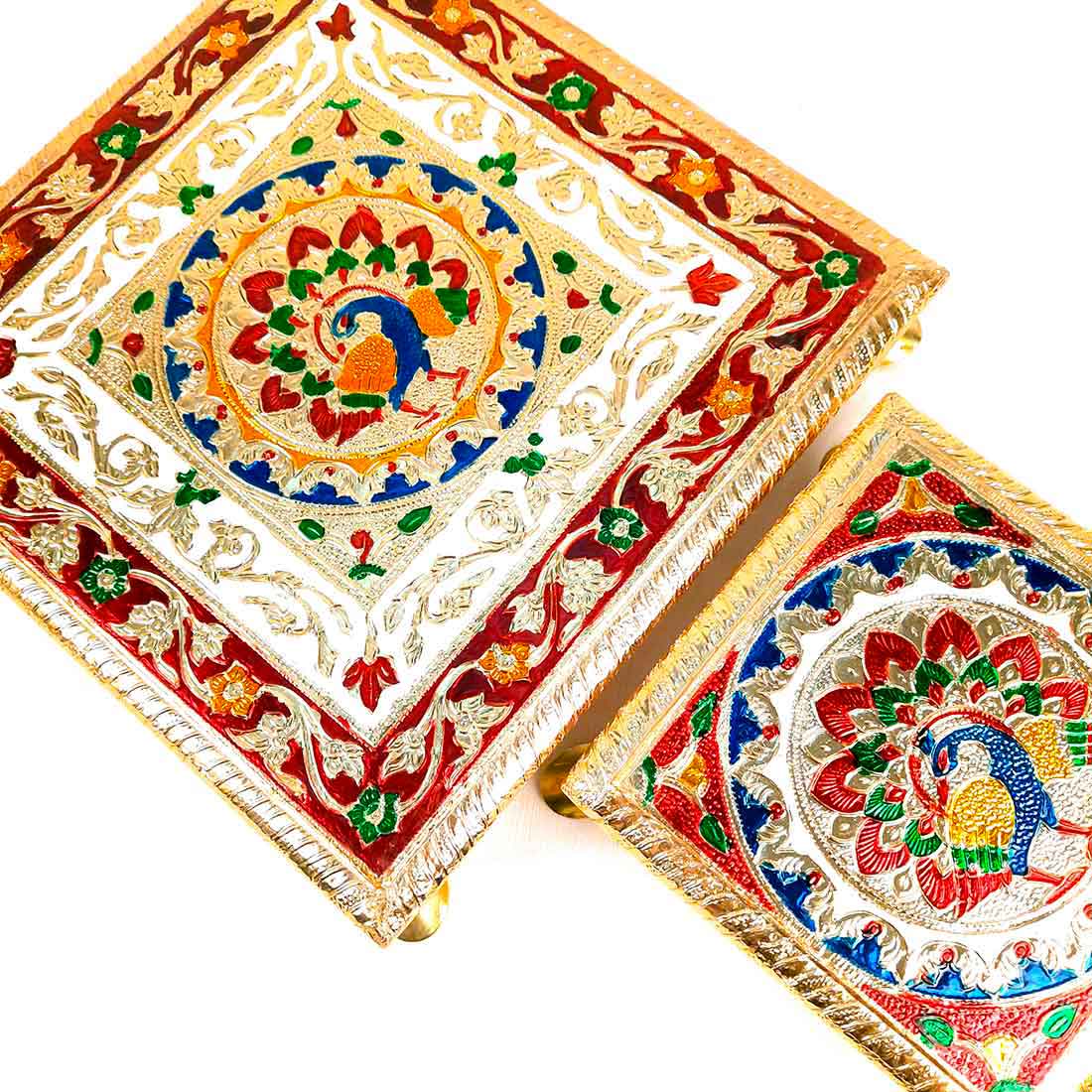Minakari Puja Chowki | Pooja Bajot - Set of 2 (6 Inch & 10 Inch) - ApkaMart