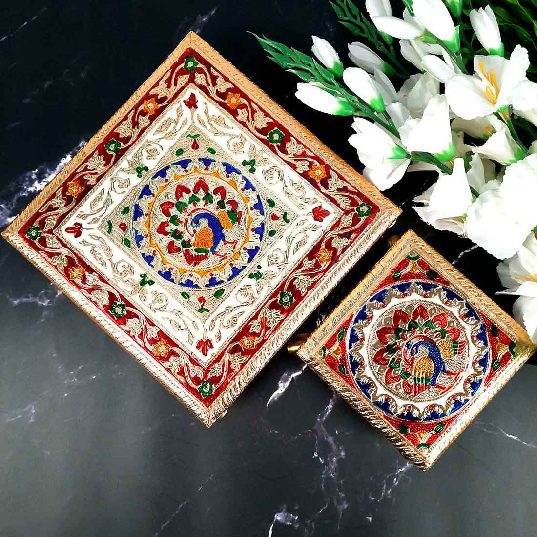 Minakari Puja Chowki | Pooja Bajot - Set of 2 (6 Inch & 10 Inch) - ApkaMart