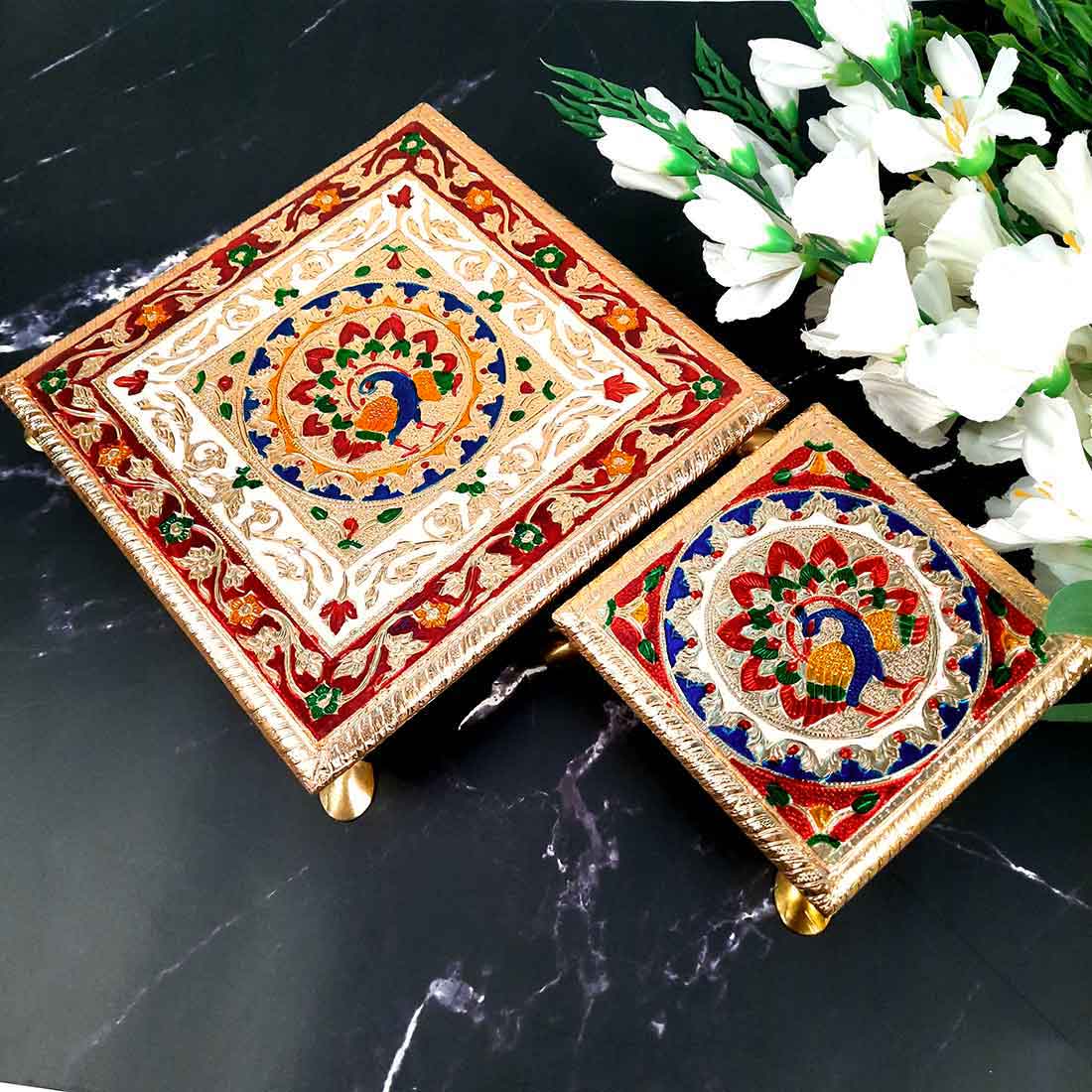 Minakari Puja Chowki | Pooja Bajot - Set of 2 (6 Inch & 10 Inch) - ApkaMart