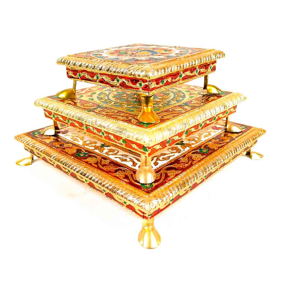 Pooja Chowki Bajot - Minakari Chowki Set - Set of 3 (6, Inch , 8 Inch, 10 Inch) - ApkaMart #Style_Design 1