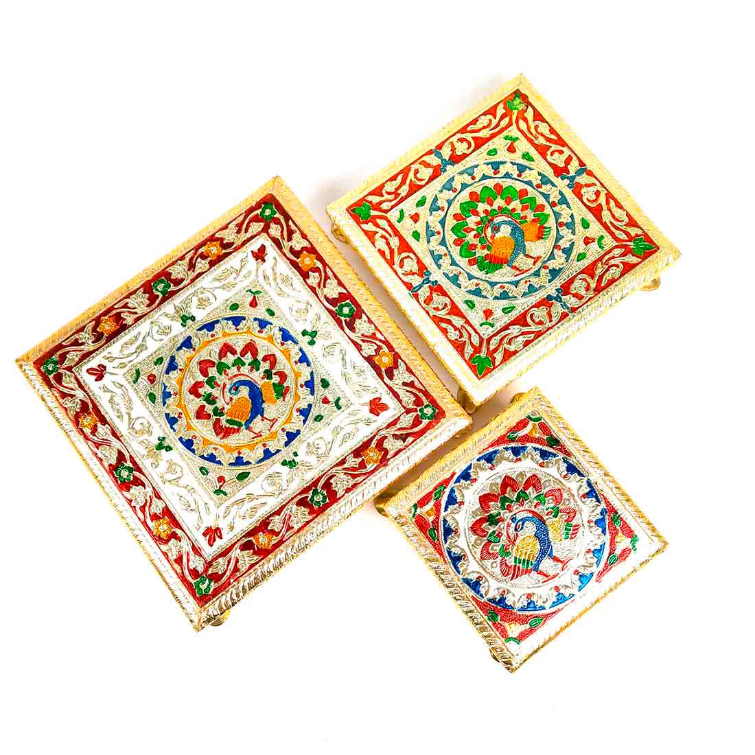 Pooja Chowki Bajot - Minakari Chowki Set - Set of 3 (6, Inch , 8 Inch, 10 Inch) - ApkaMart #Style_Design 1