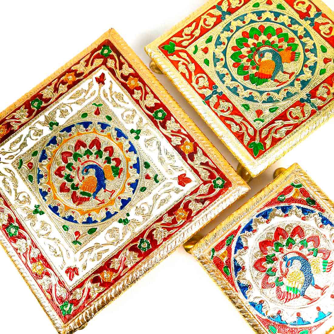 Pooja Chowki Bajot - Minakari Chowki Set - Set of 3 (6, Inch , 8 Inch, 10 Inch) - ApkaMart #Style_Design 1