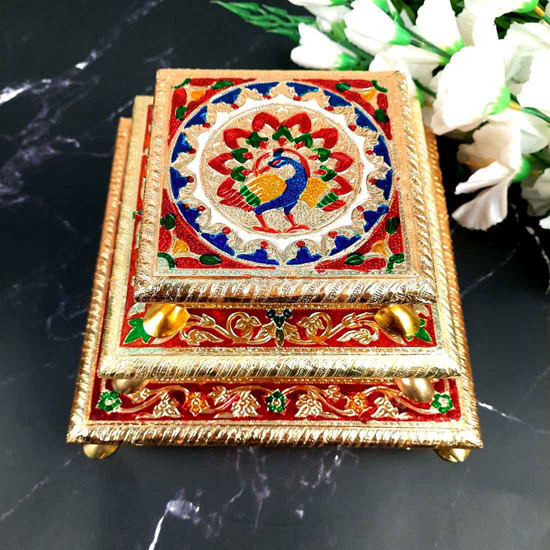 Pooja Chowki Bajot - Minakari Chowki Set - Set of 3 (6, Inch , 8 Inch, 10 Inch) - ApkaMart #Style_Design 1