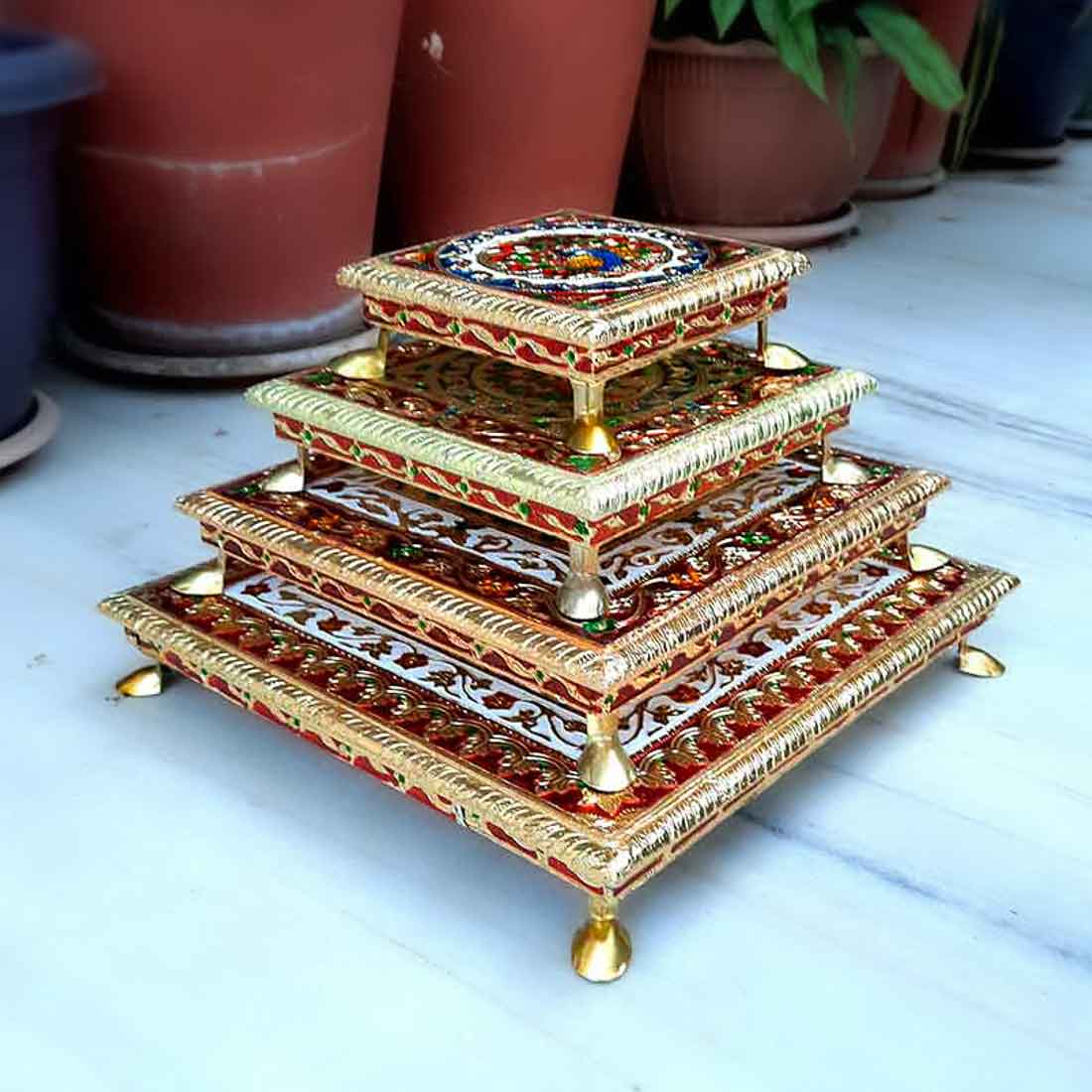 Decorative Chowki - Pack of 4 - For Sitting, Puja & Home Decor - ApkaMart#Style_Design 1