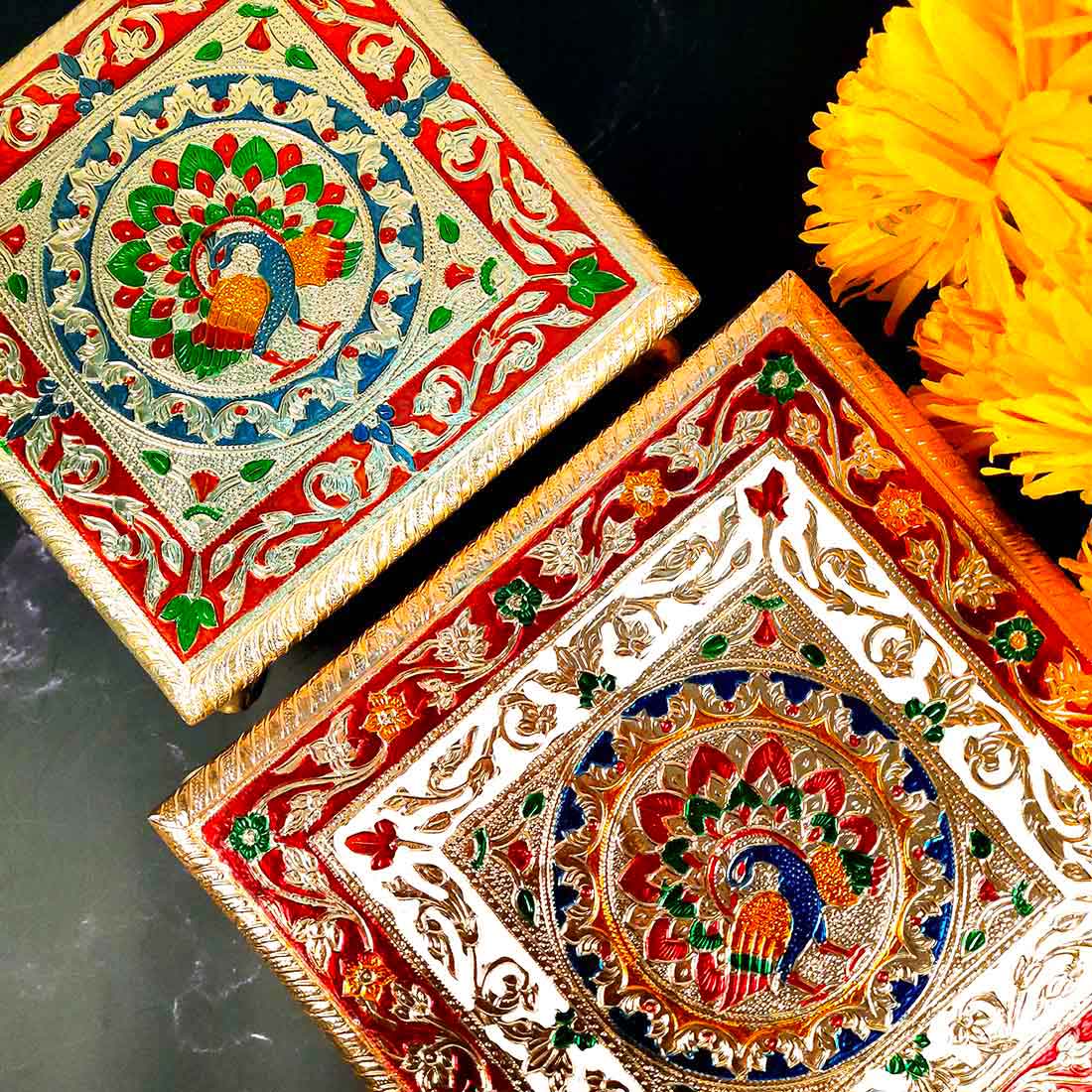Puja Choki | Minakari Chowki Set | Decorative Bajot - For Pooja & Festivals - Set of 2 (8 Inch , 10 Inch) - ApkaMart #Style_Design 1