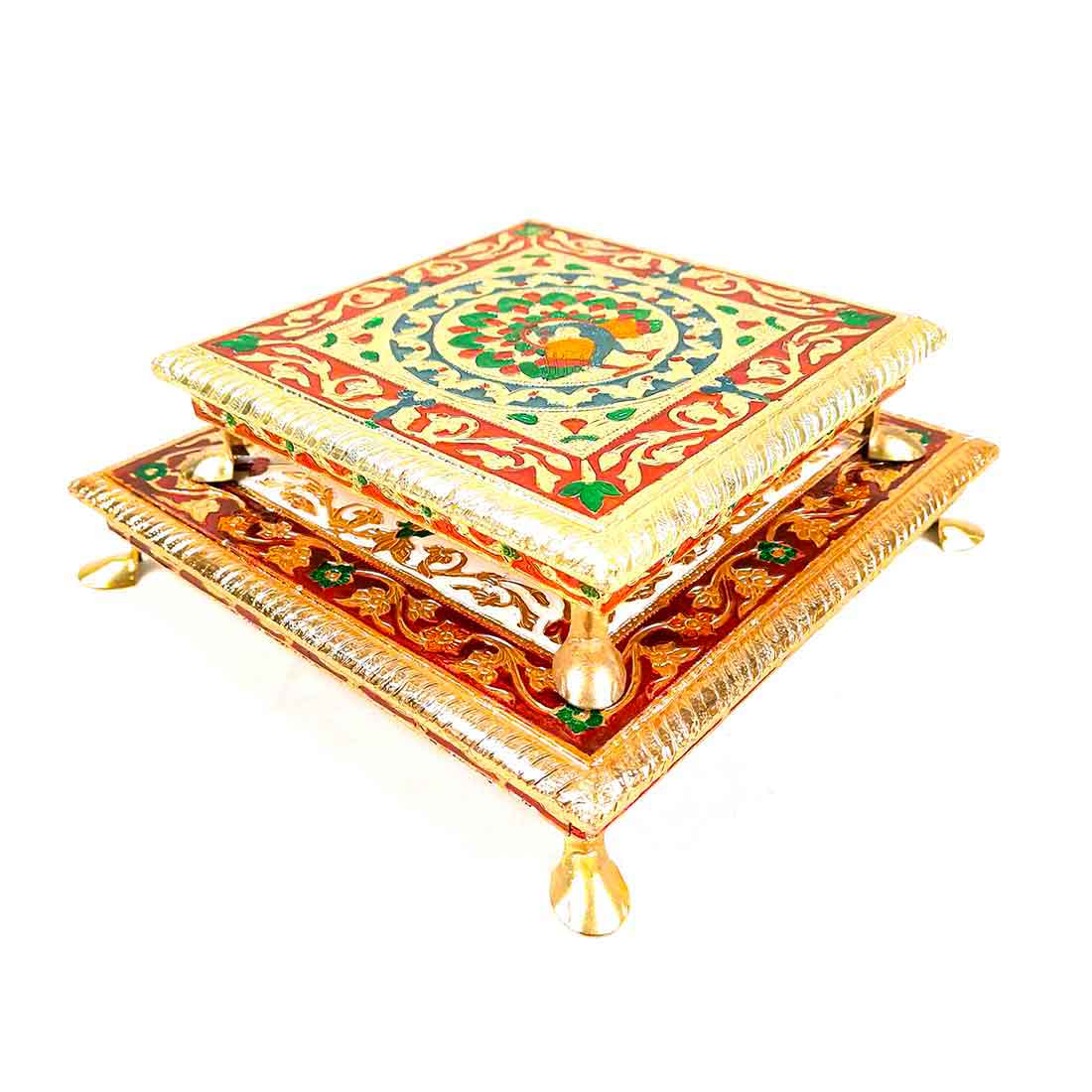 Puja Choki | Minakari Chowki Set | Decorative Bajot - For Pooja & Festivals - Set of 2 (8 Inch , 10 Inch) - ApkaMart #Style_Design 1