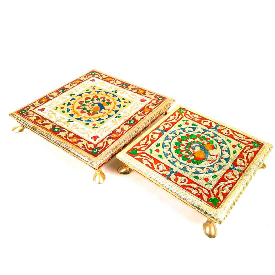 Puja Choki | Minakari Chowki Set | Decorative Bajot - For Pooja & Festivals - Set of 2 (8 Inch , 10 Inch) - ApkaMart #Style_Design 1