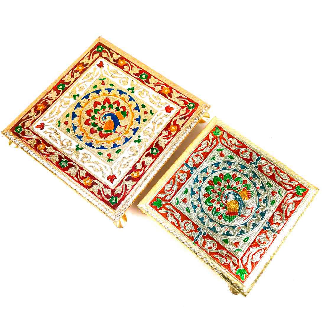 Puja Choki | Minakari Chowki Set | Decorative Bajot - For Pooja & Festivals - Set of 2 (8 Inch , 10 Inch) - ApkaMart #Style_Design 1