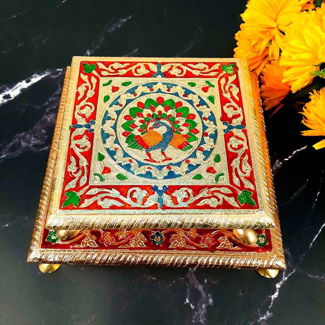 Puja Choki | Minakari Chowki Set | Decorative Bajot - For Pooja & Festivals - Set of 2 (8 Inch , 10 Inch) - ApkaMart #Style_Design 1