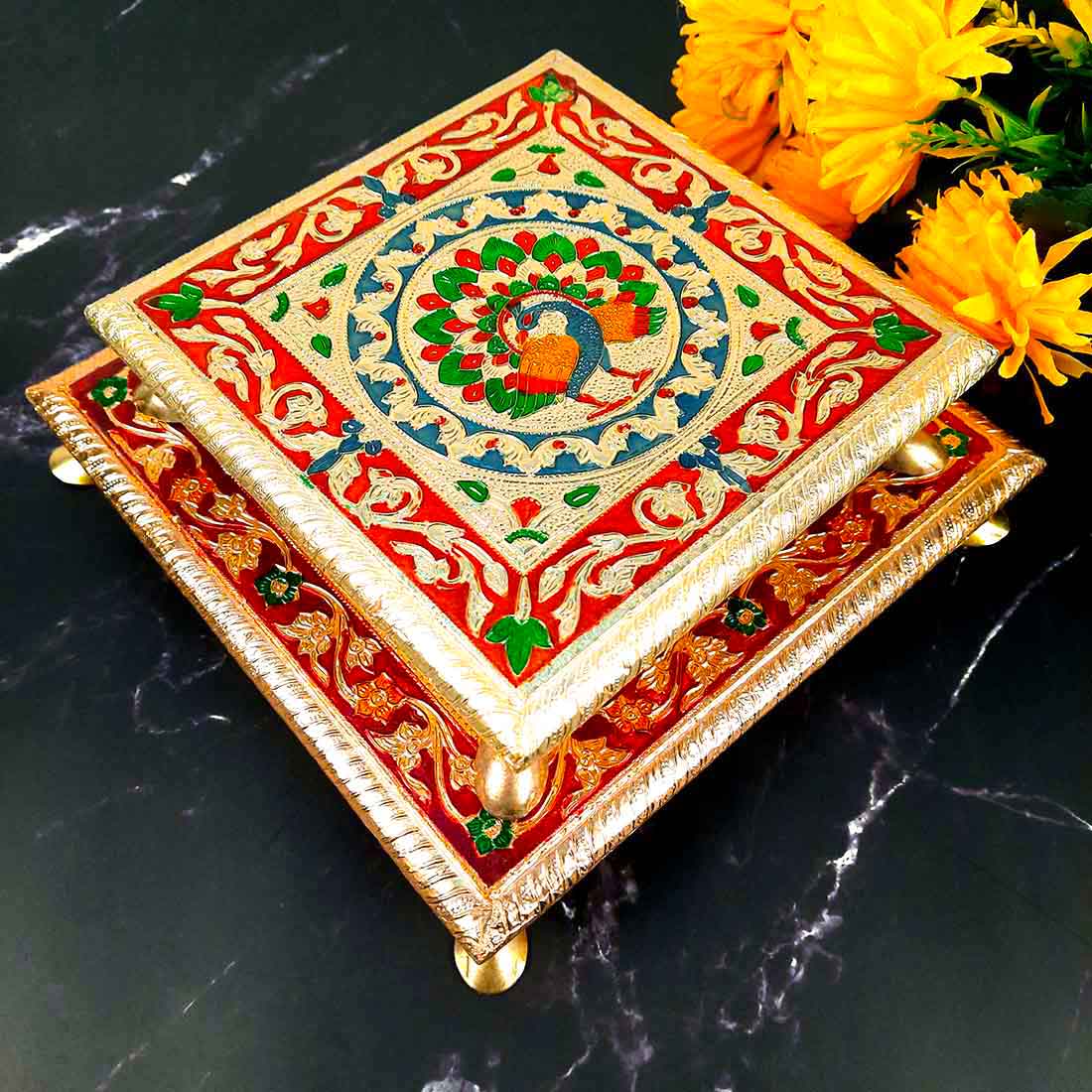 Puja Choki | Minakari Chowki Set | Decorative Bajot - For Pooja & Festivals - Set of 2 (8 Inch , 10 Inch) - ApkaMart #Style_Design 1