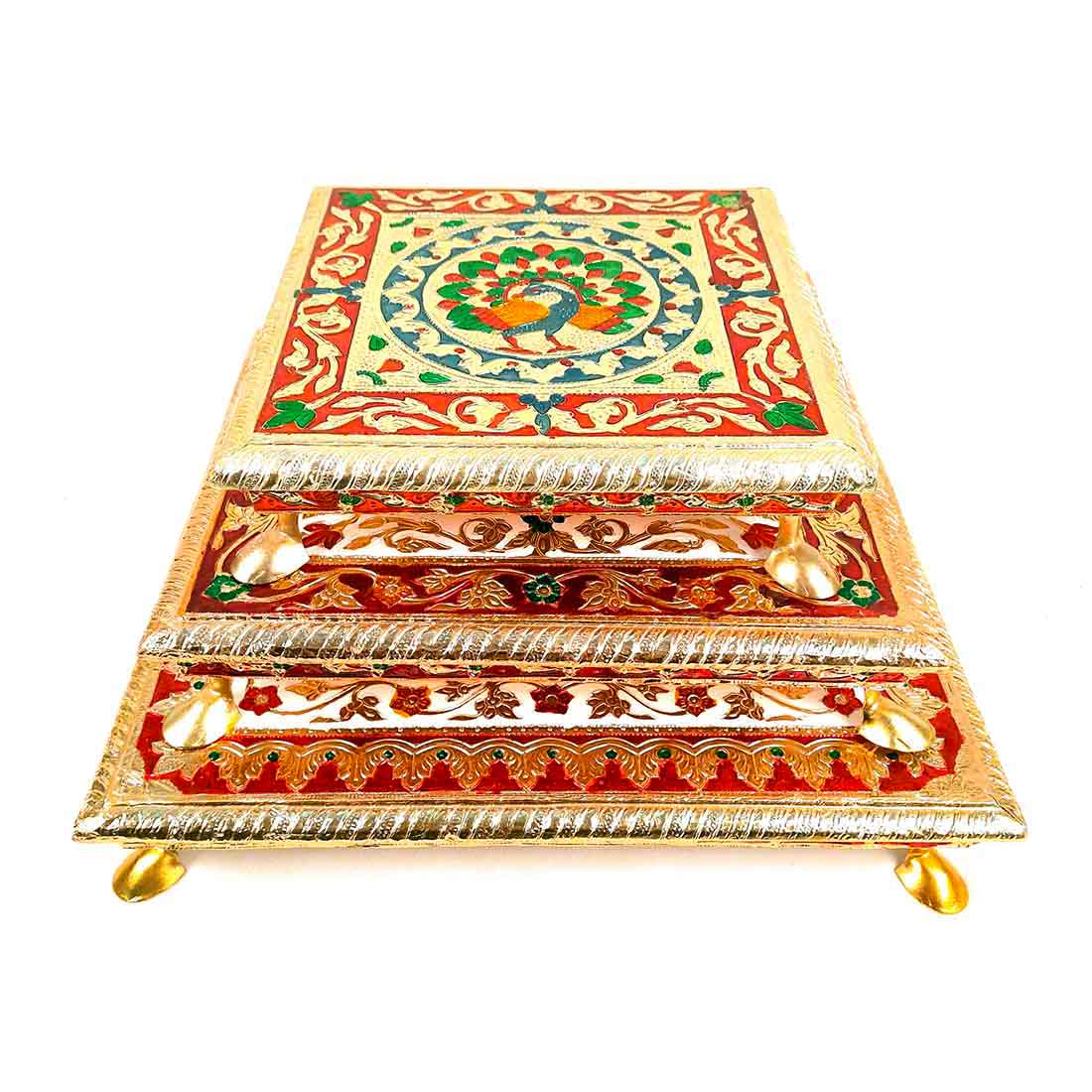Minakari Pooja Chowki - Wooden Bajot - For Pooja & Festivals - Set of 3 - ApkaMart #Style_Design 1