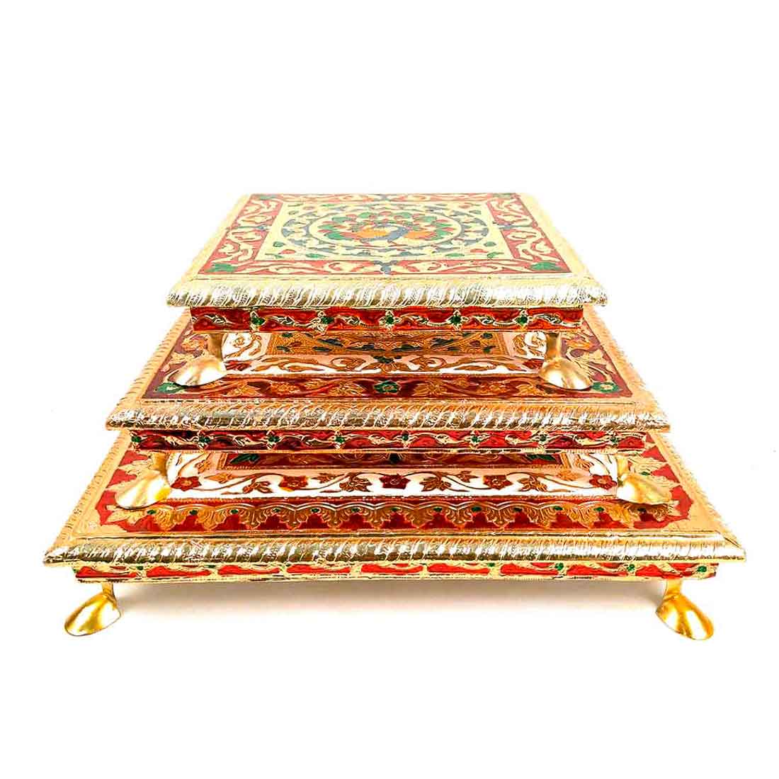 Minakari Pooja Chowki - Wooden Bajot - For Pooja & Festivals - Set of 3 - ApkaMart #Style_Design 1