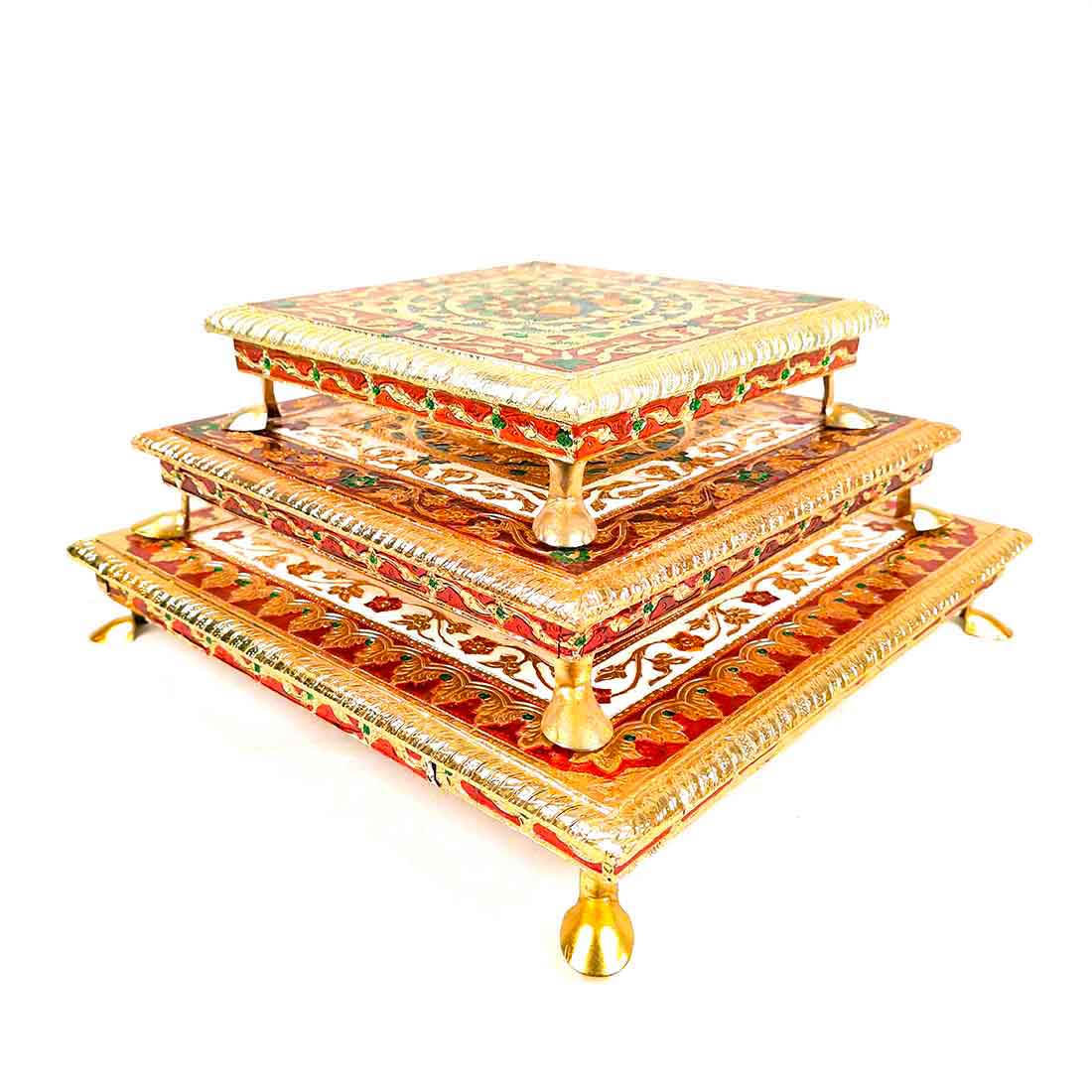 Minakari Pooja Chowki - Wooden Bajot - For Pooja & Festivals - Set of 3 - ApkaMart #Style_Design 1