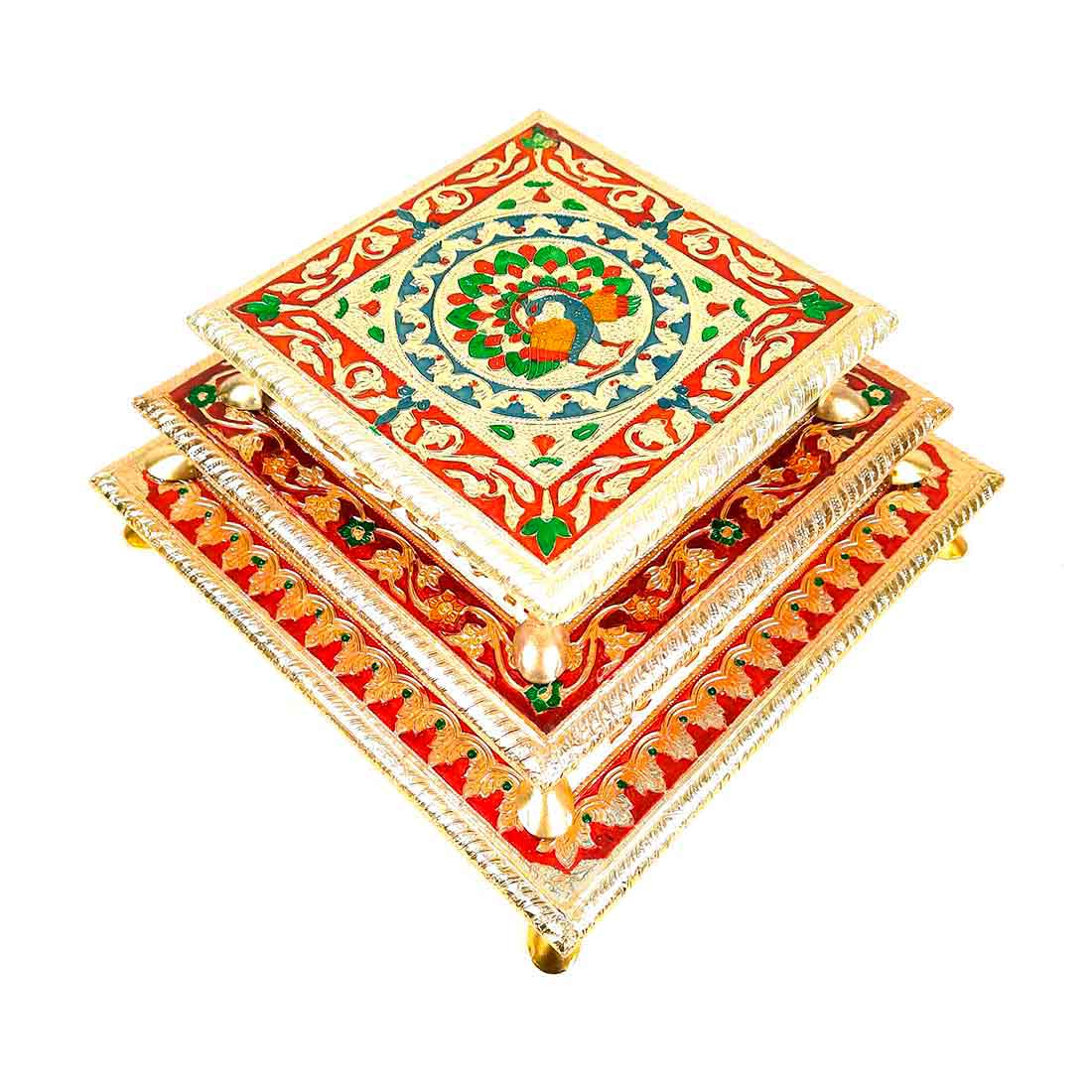 Minakari Pooja Chowki - Wooden Bajot - For Pooja & Festivals - Set of 3 - ApkaMart #Style_Design 1