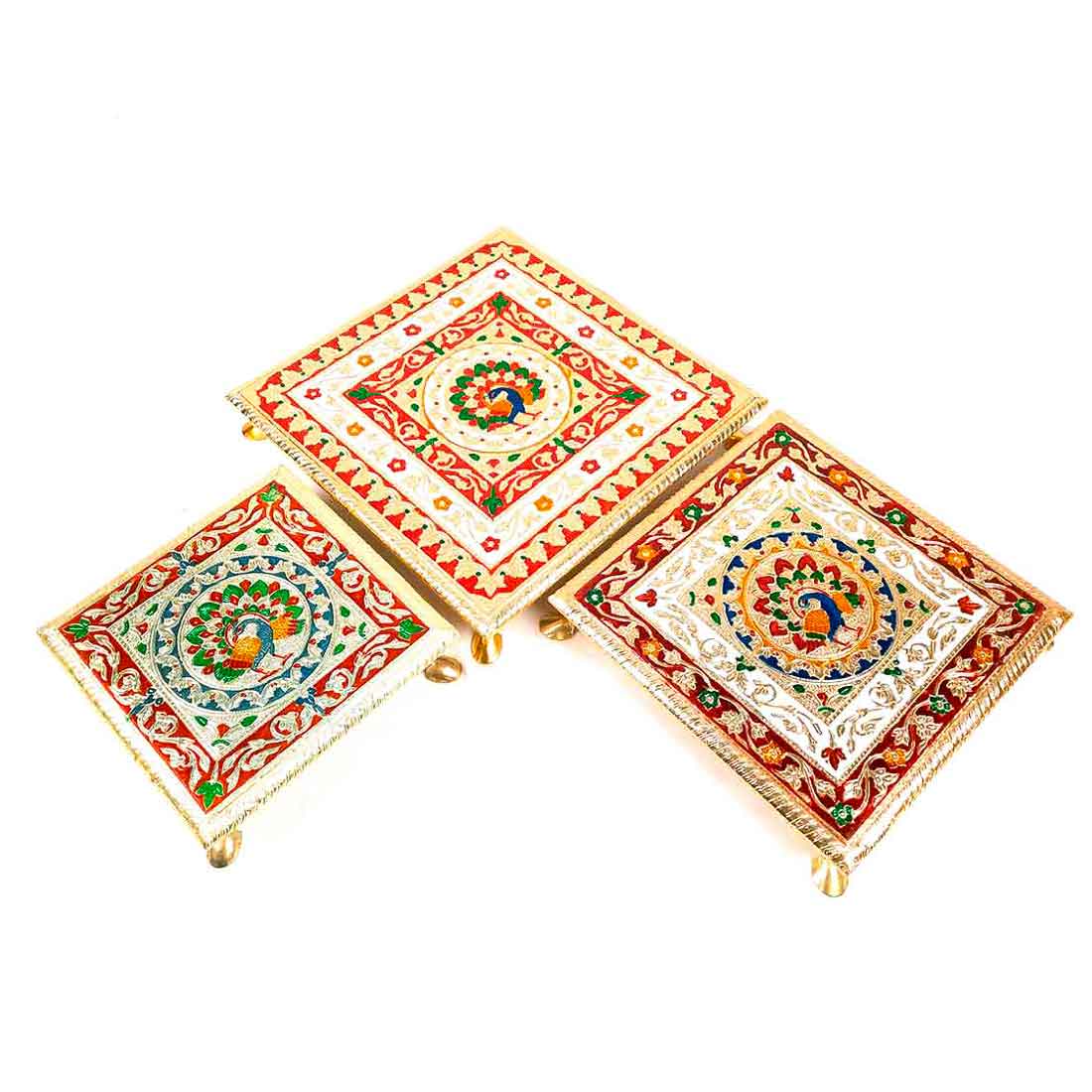 Minakari Pooja Chowki - Wooden Bajot - For Pooja & Festivals - Set of 3 - ApkaMart #Style_Design 1