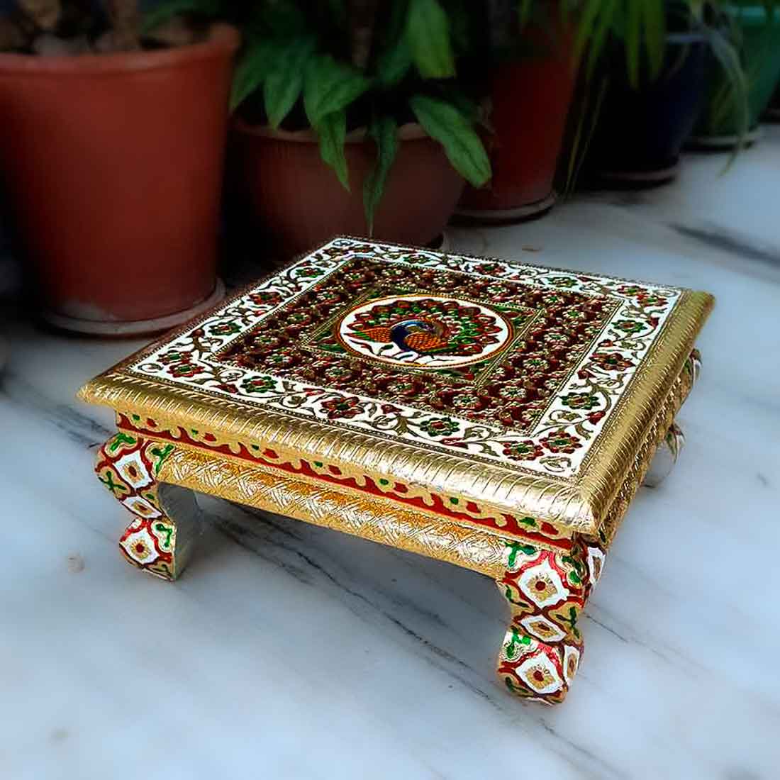 Pooja Chowki Bajot - Peacock Design - For Puja & Wedding Decor -12 Inch - ApkaMart