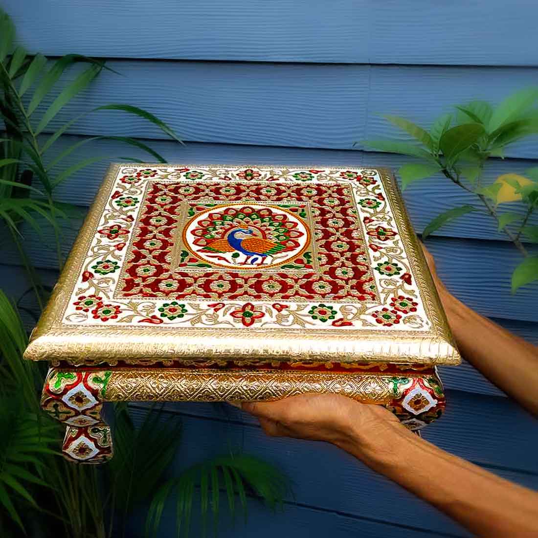 Pooja Chowki Bajot - Peacock Design - For Puja & Wedding Decor -12 Inch - ApkaMart