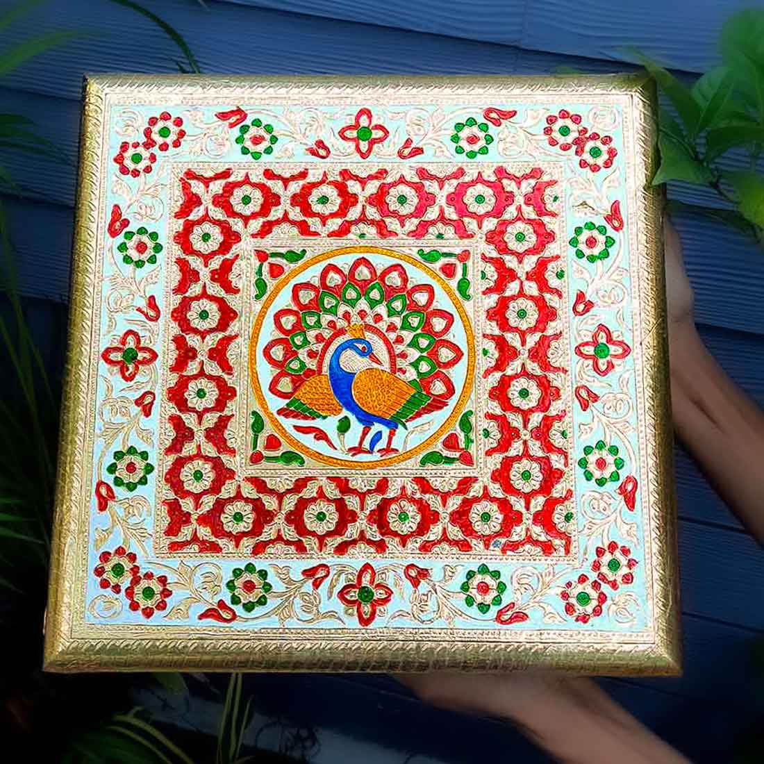 Pooja Chowki Bajot - Peacock Design - For Puja & Wedding Decor -12 Inch - ApkaMart