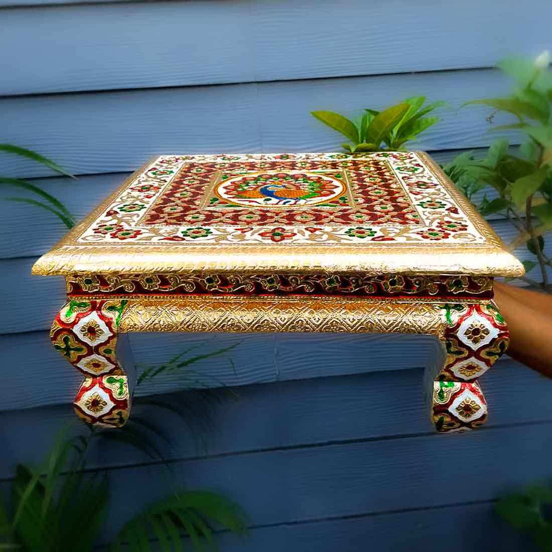 Pooja Chowki Bajot - Peacock Design - For Puja & Wedding Decor -12 Inch - ApkaMart