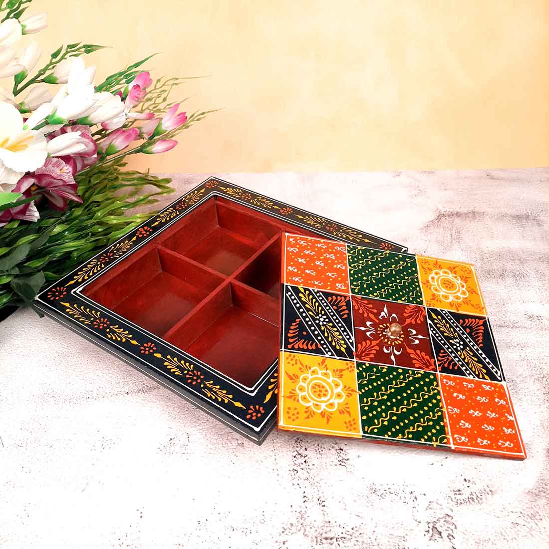 Wooden Dry Fruit Box with Lid | Mukhwas Bowl With Four Compartments | Spice Box | Snack Storage Container - For Kitchen, Home, & Dining Table Decor & Gifts - 10 Inch