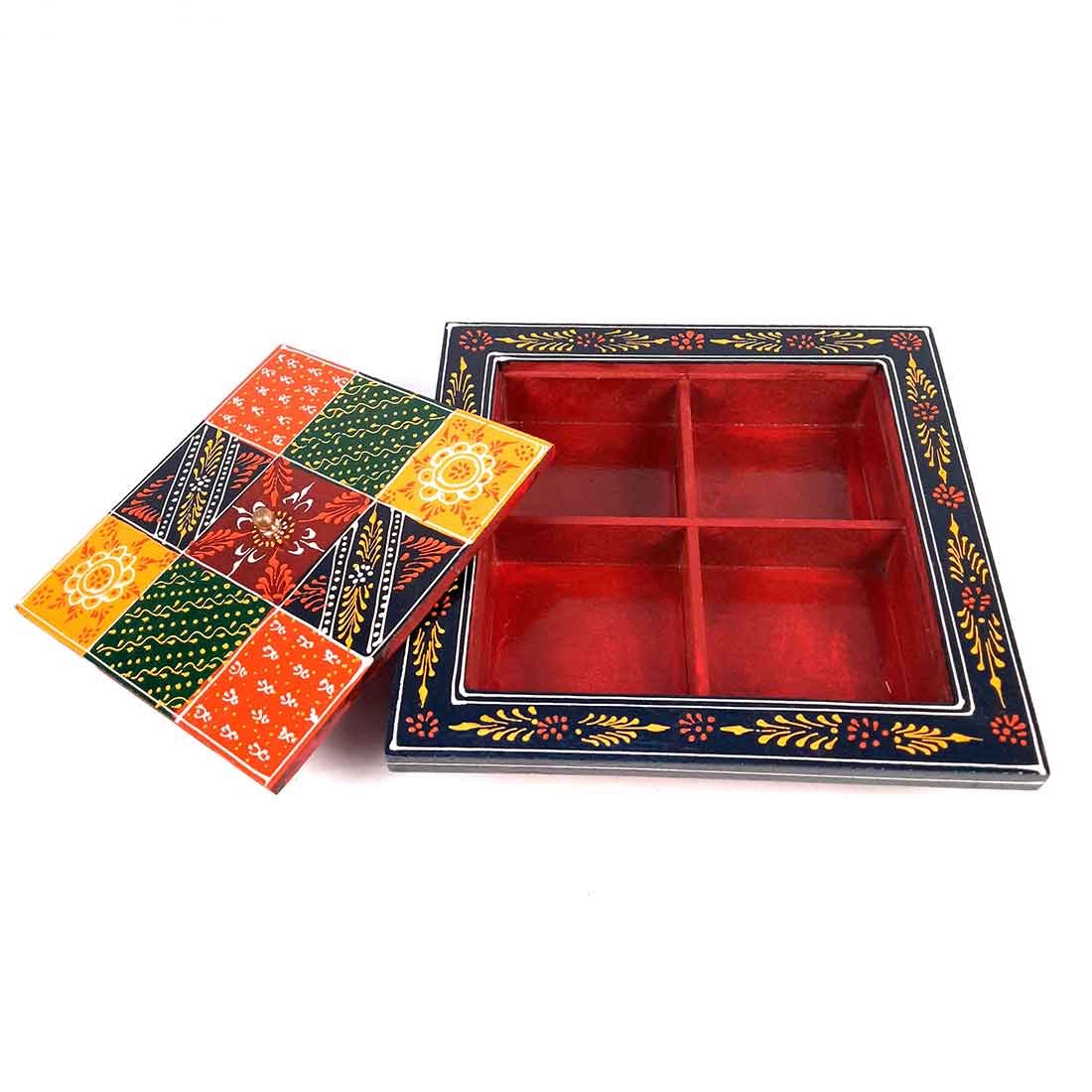 Wooden Dry Fruit Box with Lid | Mukhwas Bowl With Four Compartments | Spice Box | Snack Storage Container - For Kitchen, Home, & Dining Table Decor & Gifts - 10 Inch