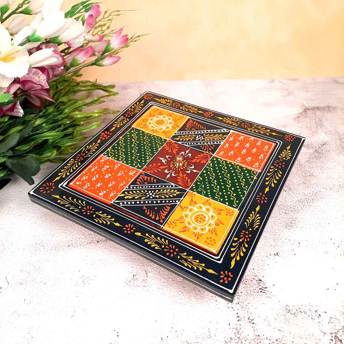 Wooden Dry Fruit Box with Lid | Mukhwas Bowl With Four Compartments | Spice Box | Snack Storage Container - For Kitchen, Home, & Dining Table Decor & Gifts - 10 Inch