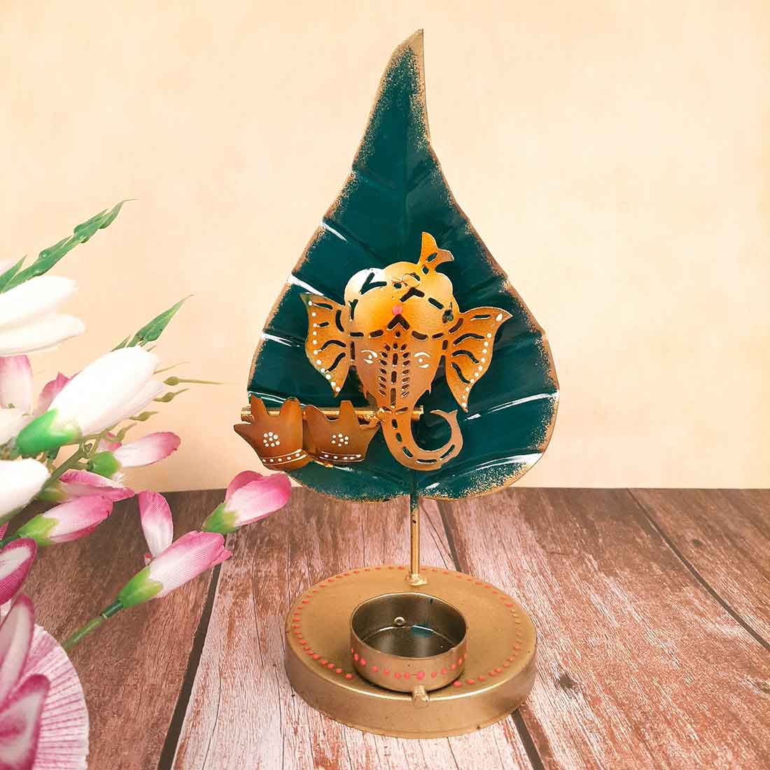 Tea Light Holder Antique | Candle Holders Stand With One Slots | Tea Light Candle Stands - Ganesha Design - For Home, Table, Living Room, Dining room, Bedroom Decor | For Festival Decoration & Gifts - 13 Inch