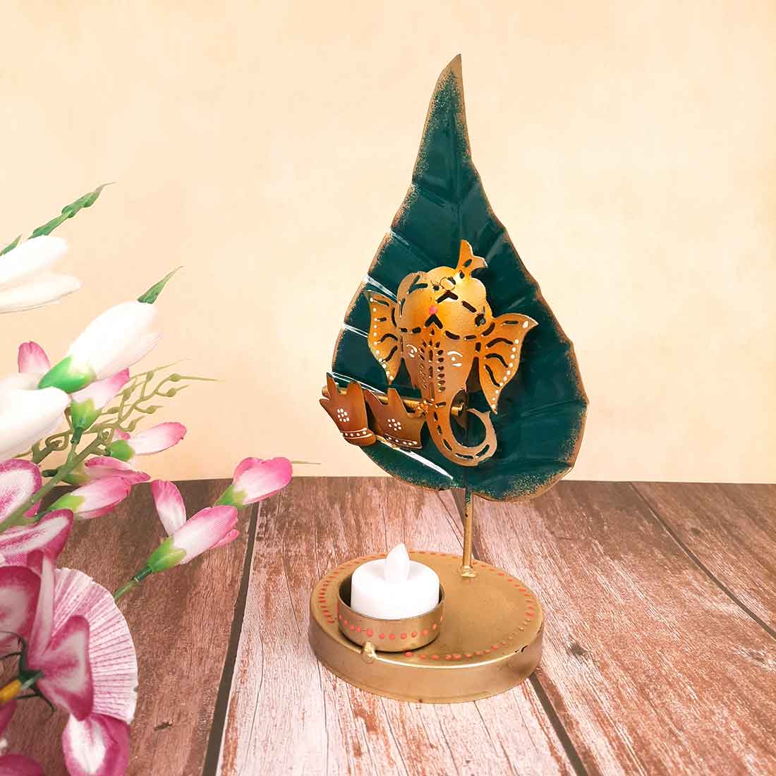 Tea Light Holder Antique | Candle Holders Stand With One Slots | Tea Light Candle Stands - Ganesha Design - For Home, Table, Living Room, Dining room, Bedroom Decor | For Festival Decoration & Gifts - 13 Inch